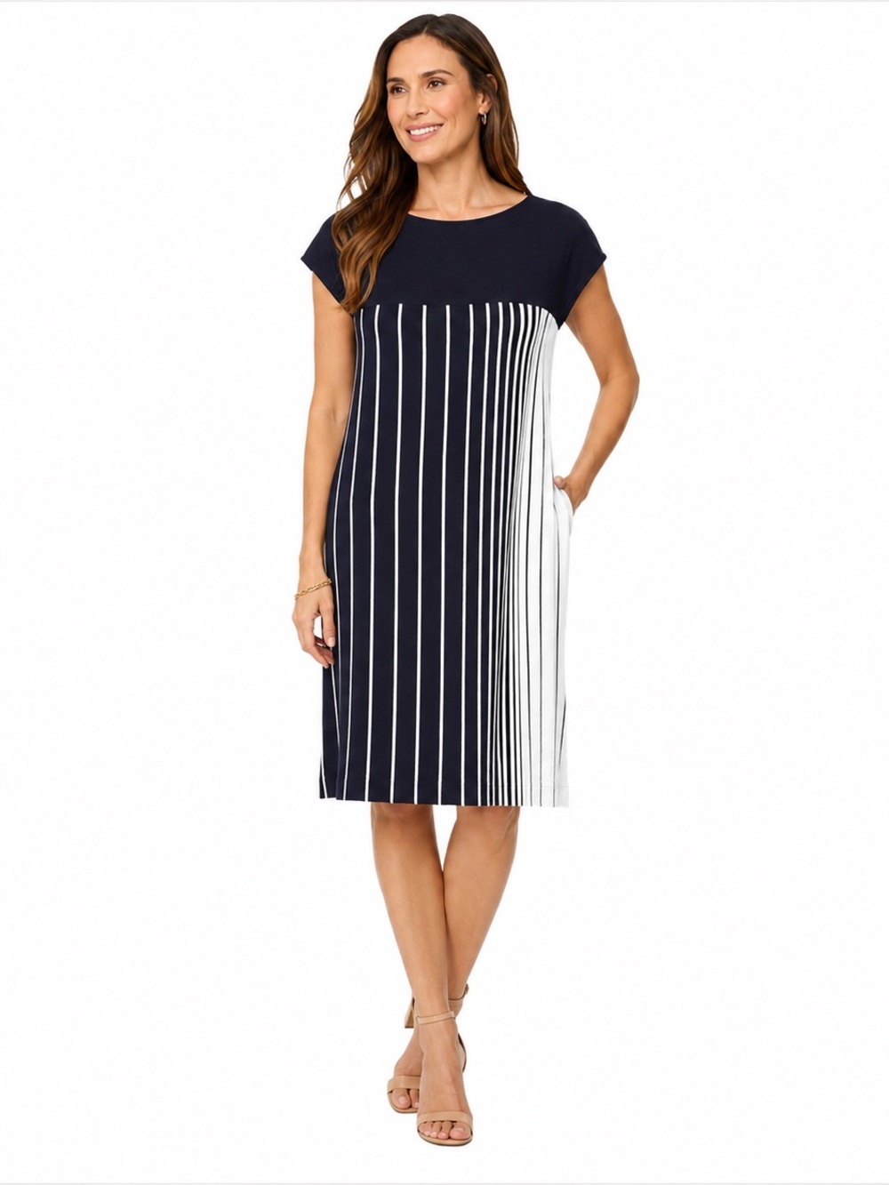 WORTH NEW YORK Navy White Vertical Stripe Knit Dress Large